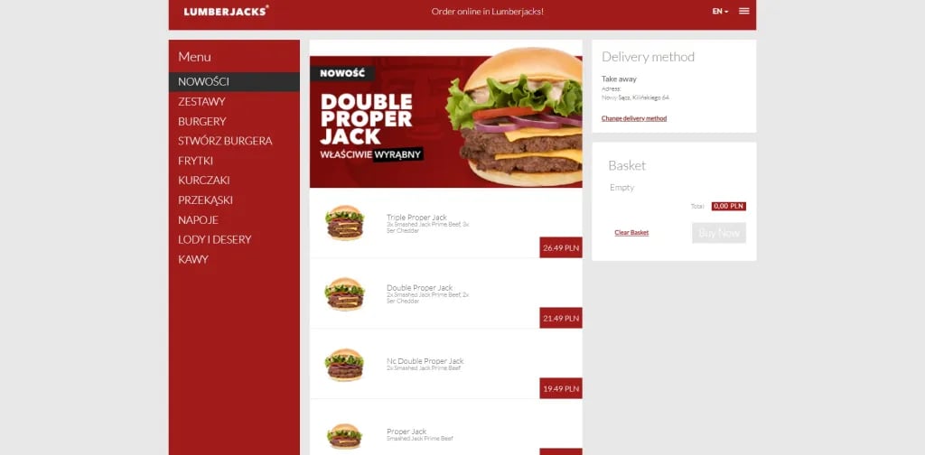 Lumberjacks web ordering: the burger menu in Polish