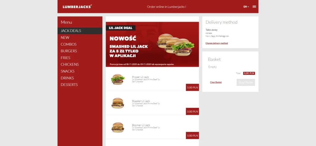 Lumberjacks web ordering: the Jack Deals menu