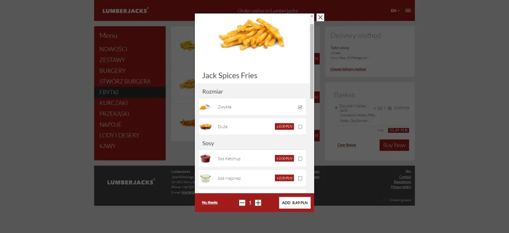 Lumberjacks web ordering: choosing the size and sauces for Jack Spices Fries