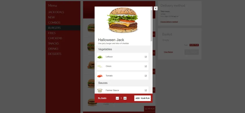 Lumberjacks web ordering: configuring the Halloween Jack burger