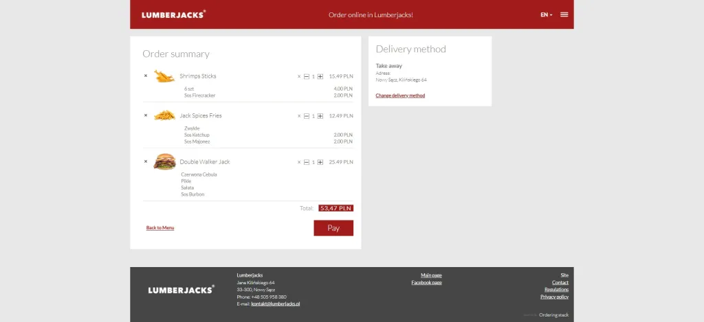 Lumberjacks web ordering: order summary before payment