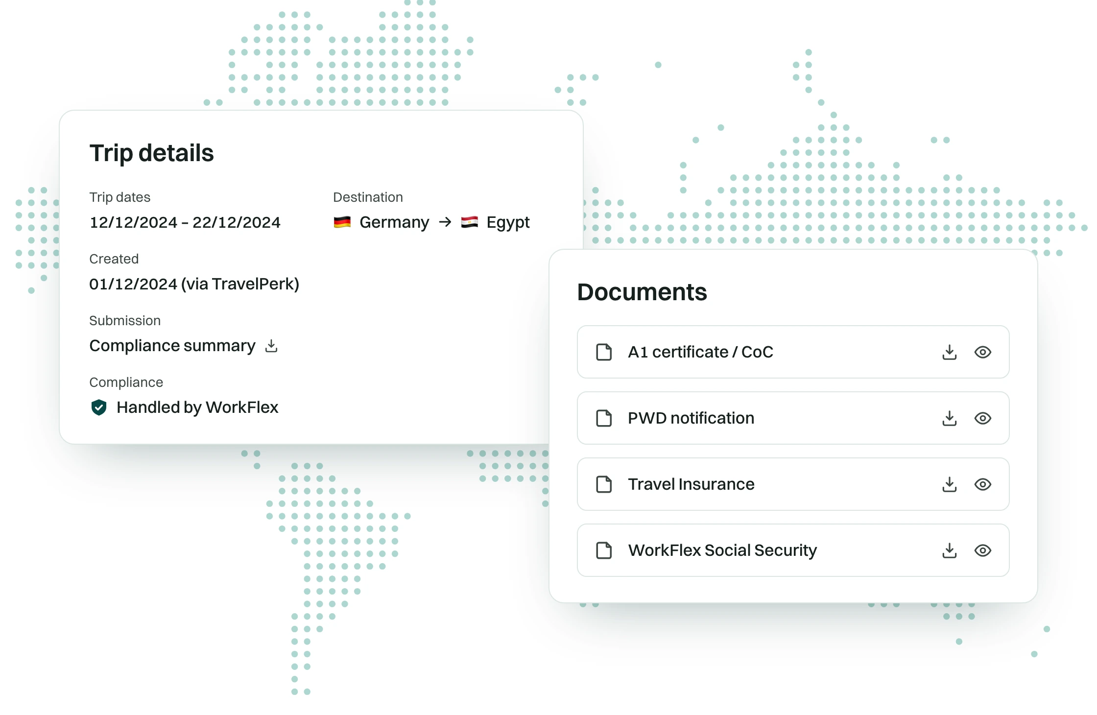 WorkFlex automatically documenting a trip request through to HR approval with timestamps.