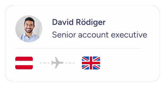A traveller’s WorkFlex profile card for a trip from Austria to the United Kingdom.
