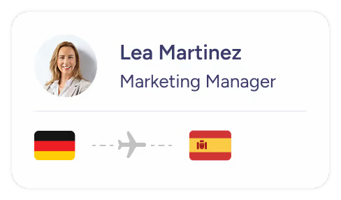 A traveller’s WorkFlex profile card for a trip from Germany to Spain.