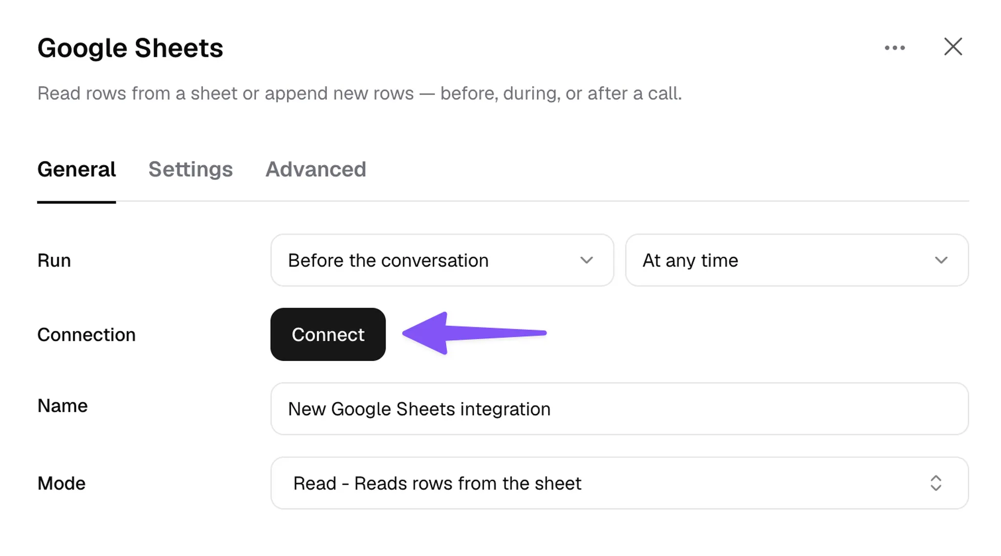 The Google Sheets integration settings in fonio, with the Connect button highlighted