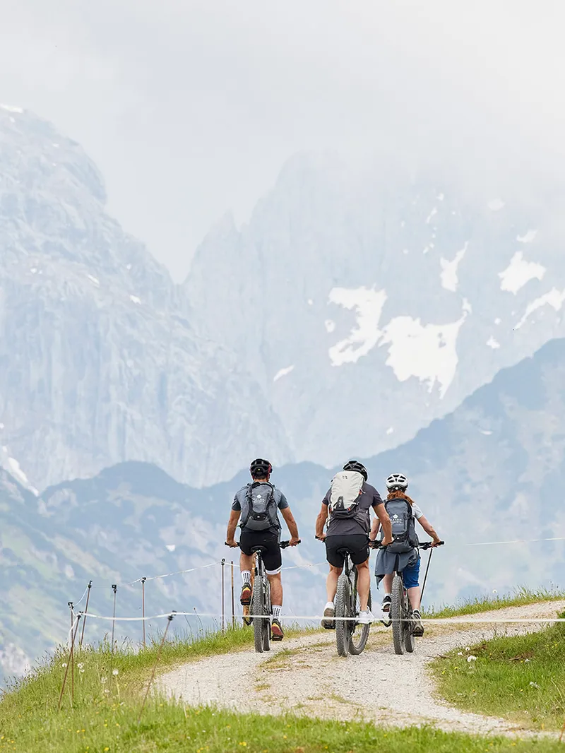 Mountainbiker auf Schotterweg vor Bergpanorama