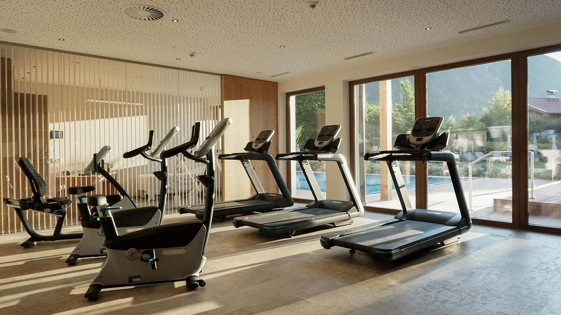 Fitnessraum mit Laufbändern und Fahrrädern, Blick auf Pool und Berge
