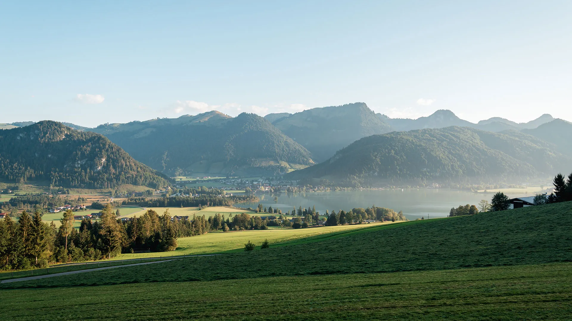 Grüne Wiesenlandschaft mit Blick auf einen See und umliegende Berge