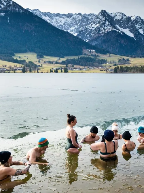 Gruppe beim Eisbaden im See vor schneebedeckter Bergkette