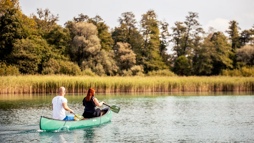 Paar paddelt in einem grünen Kanu auf einem See vor Schilf und Bäumen