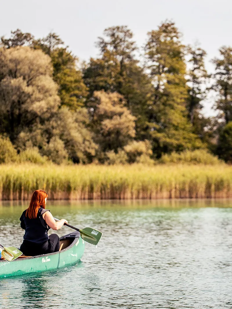 Paar paddelt in einem grünen Kanu auf einem See vor Schilf und Bäumen