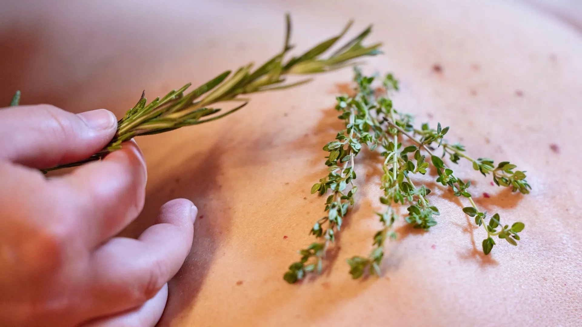 Hand hält Rosmarinzweig neben Thymianzweigen auf Holztisch