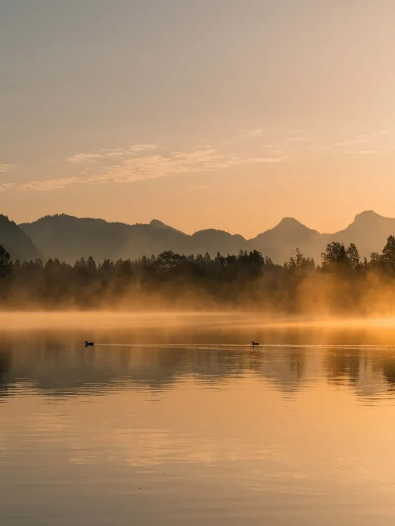 Nebel über einem See bei Sonnenaufgang vor Bergkulisse