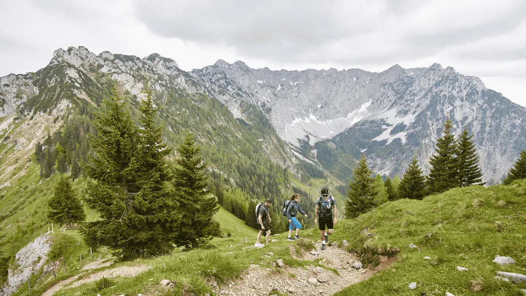 Wanderer auf Bergpfad vor Felsgipfeln in den Alpen