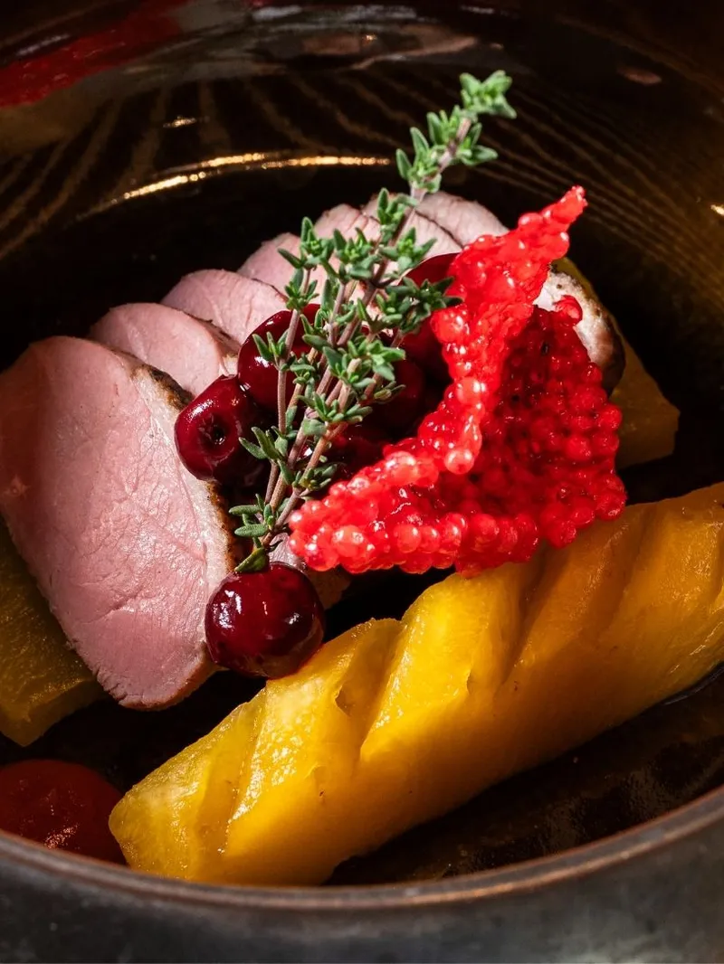 Angerichtetes Fleischgericht mit Kürbis, Beeren und Kräutern in dunkler Schale