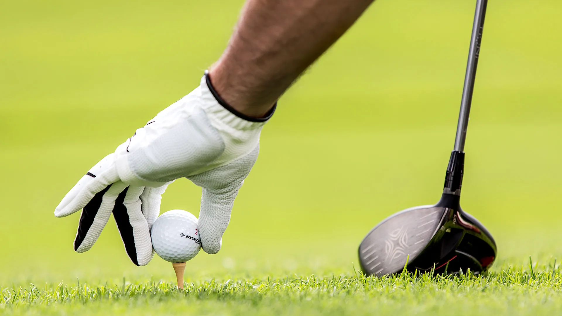 Hand mit Golfhandschuh platziert Golfball auf Tee