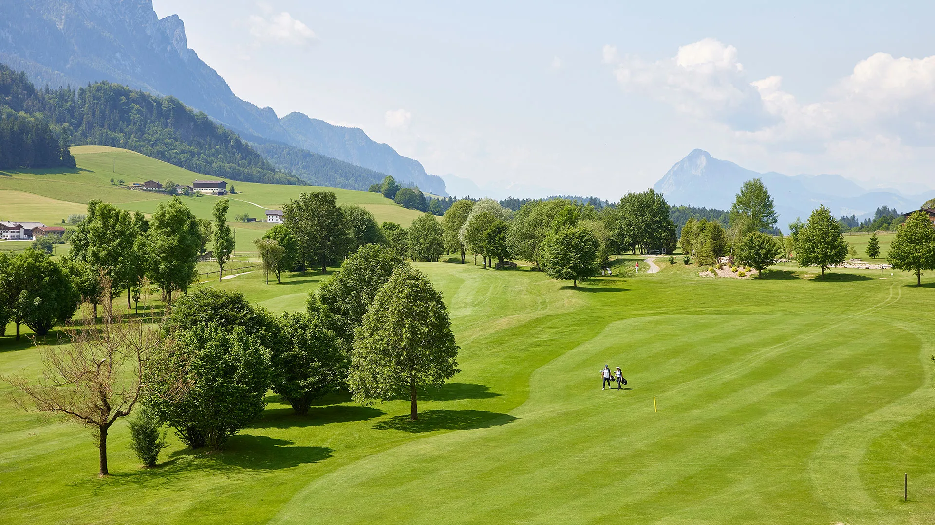 Golfplatz mit Bäumen und Bergpanorama in Walchsee