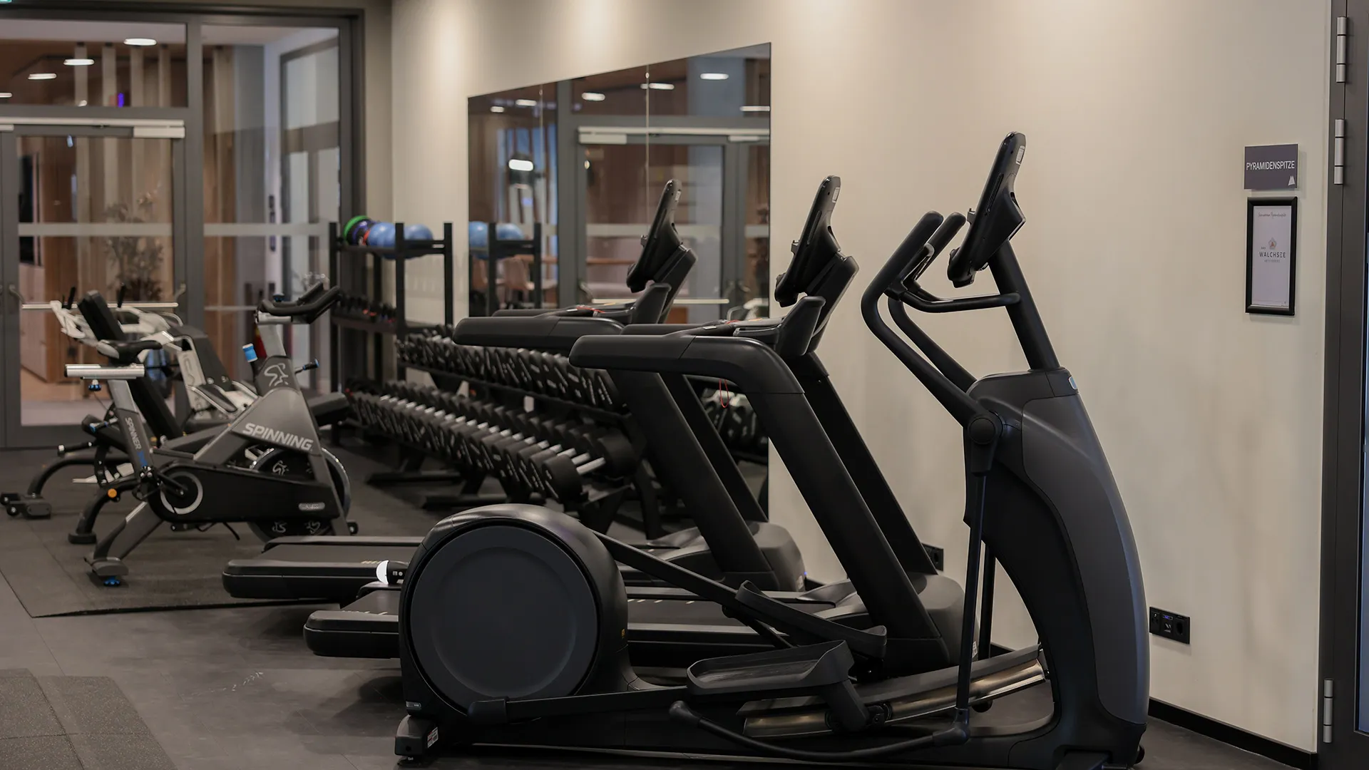 Fitnessraum mit Crosstrainern, Laufbändern und Hantelablage