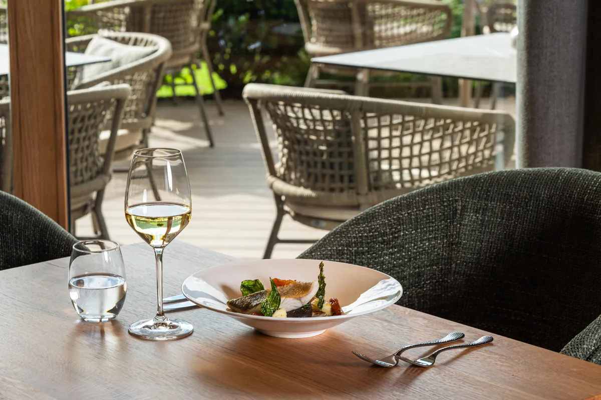 Gedeckter Restauranttisch mit Fischgericht, Weißwein und Blick auf die Terrasse