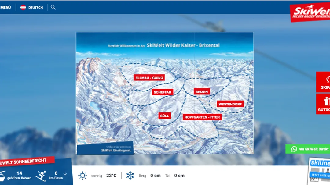 Screenshot der SkiWelt-Website mit Pistenübersichtskarte