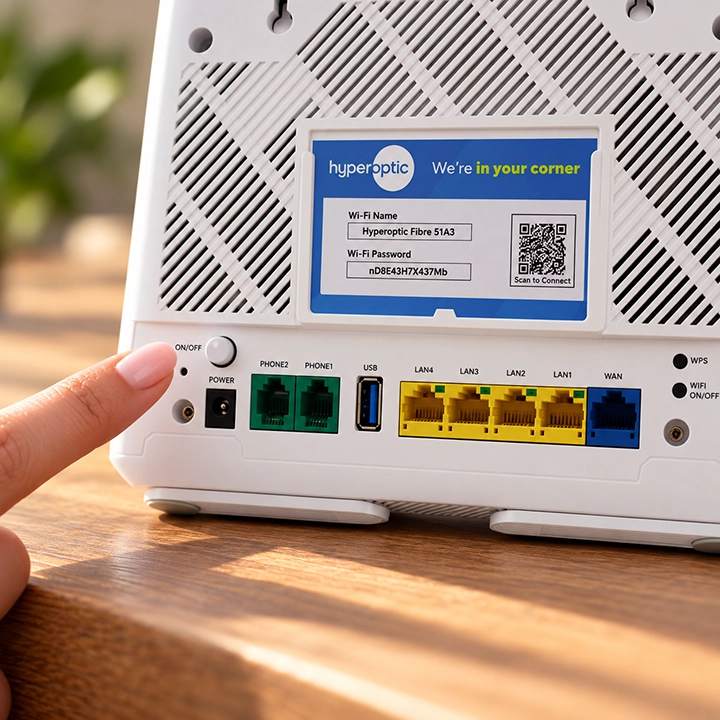 Close-up of the rear of a Zyxel EX3301 router with a finger hovering over the ON/OFF button.