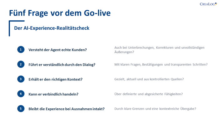 5 wichtige Fragen vor dem Go Live: Versteht der Agent, führt er mit dem richtigen Kontext durch den Dialog, handelt er fallabschließen.