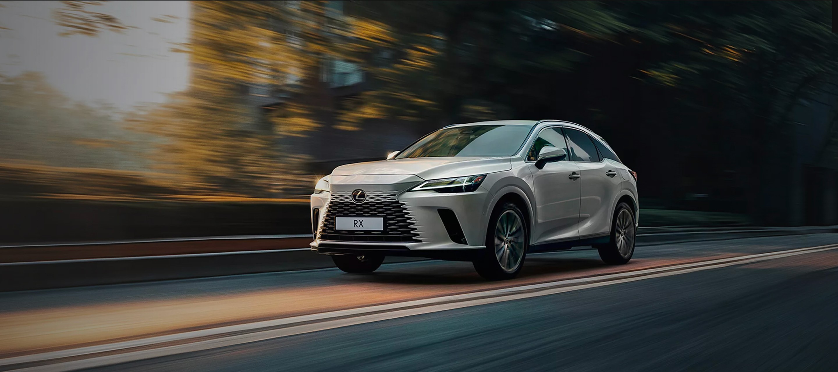 SUV Lexus RX gris argenté roulant sur une route bordée d'arbres, photographié en mouvement avec effet de flou cinétique.