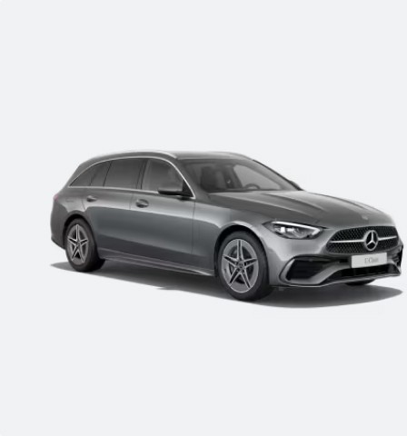 Mercedes-Benz Classe C break gris anthracite, vue de trois quarts avant, fond blanc.