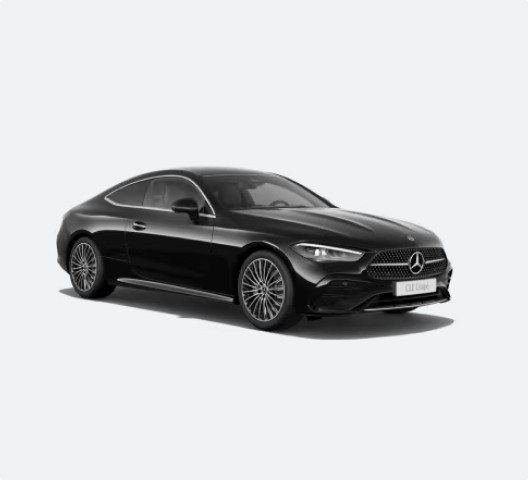 Mercedes-Benz CLE Coupé noir brillant vue de trois quarts avant sur fond blanc