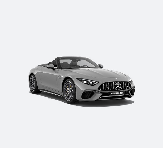 Mercedes-AMG SL cabriolet gris métallisé vue trois quarts avant, capote ouverte, sur fond blanc.