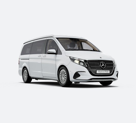 Mercedes-Benz Marco Polo blanc, van aménagé vue trois quarts avant sur fond gris clair.