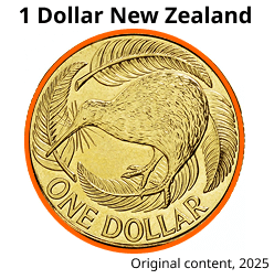 A New Zealand one dollar coin, a unique piece of currency, featuring a kiwi bird and leaves with "ONE DOLLAR" below. The text above reads "1 Dollar New Zealand," and "Original content, 2025" appears at the bottom right.