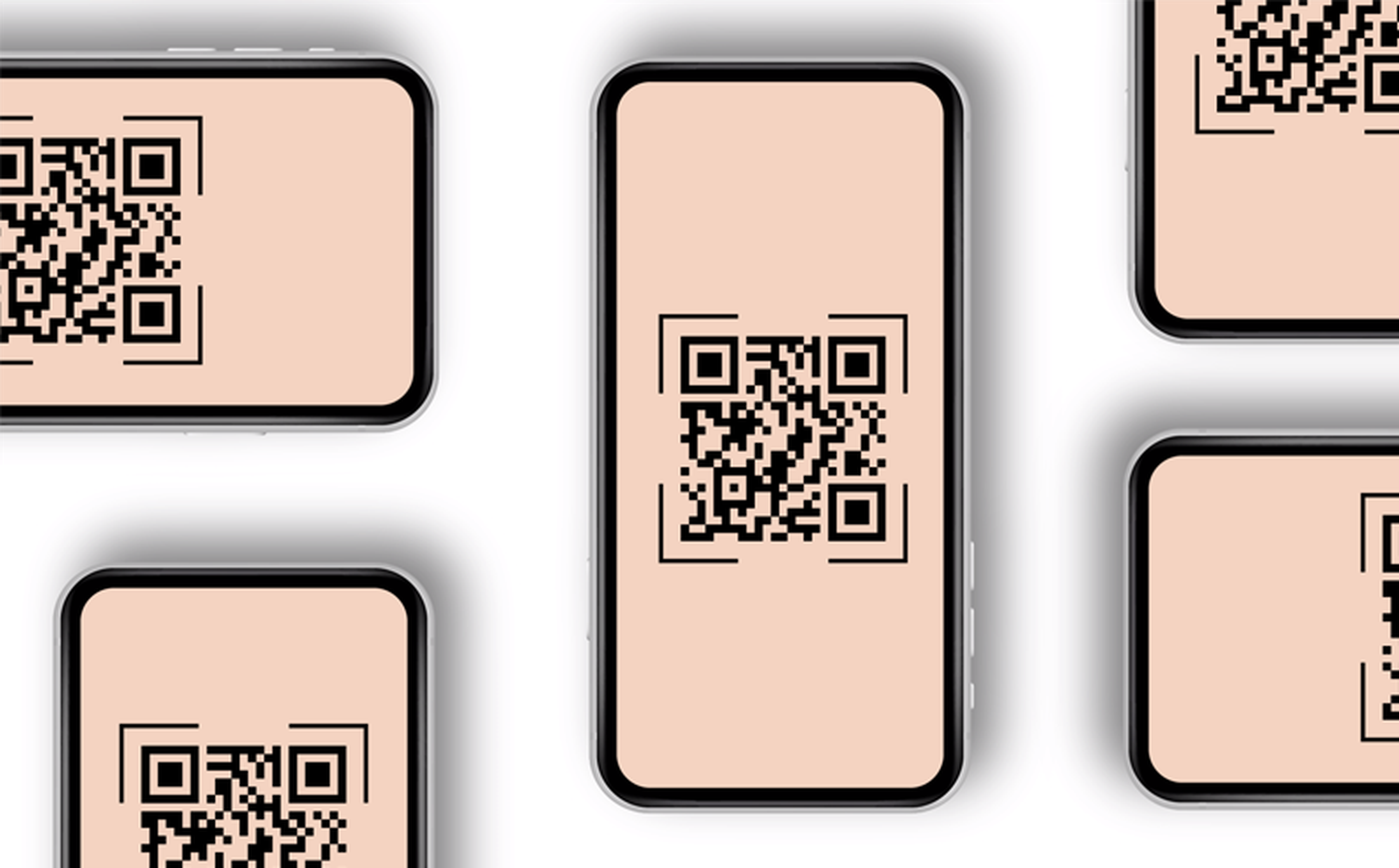 Several smartphones display QR codes on their screens, arranged in a scattered pattern against a light background. The QR codes are centrally located on each phone’s display. The scene is minimalistic with a focus on the technological elements.