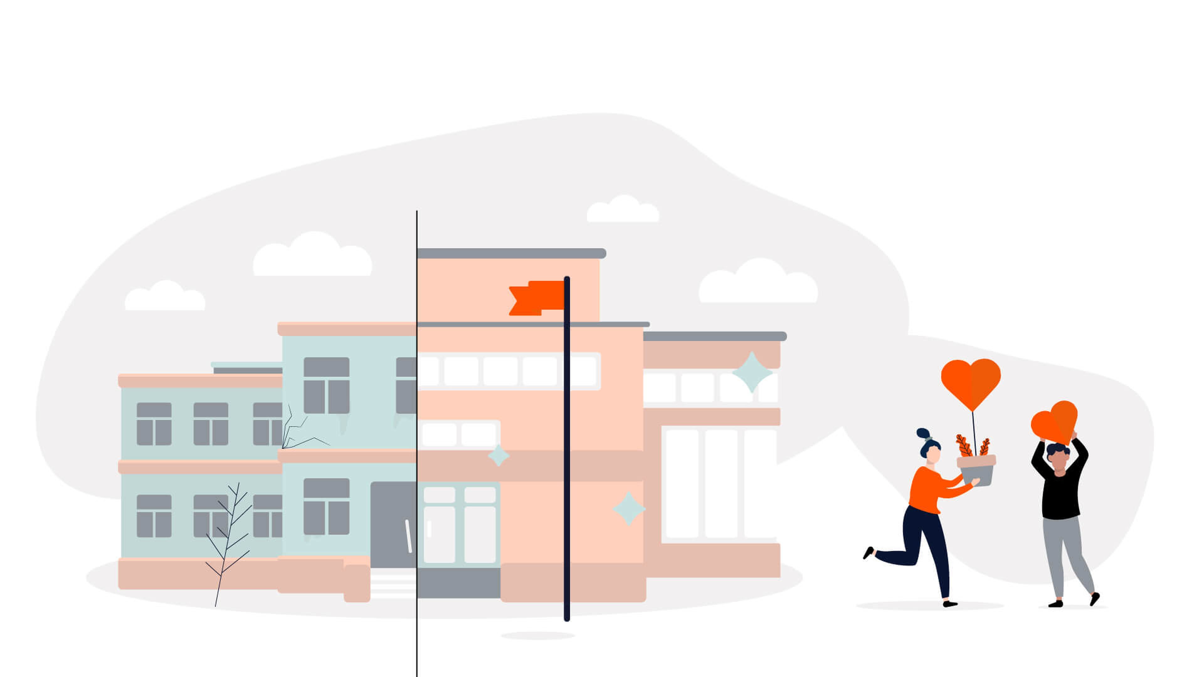 An illustration of two people outside a modern two-story building. One person, holding a bouquet with red heart-shaped balloons, runs towards the other, who is holding a large red heart above their head. Small clouds float in the sky above, symbolizing love and hope to Save the Children.