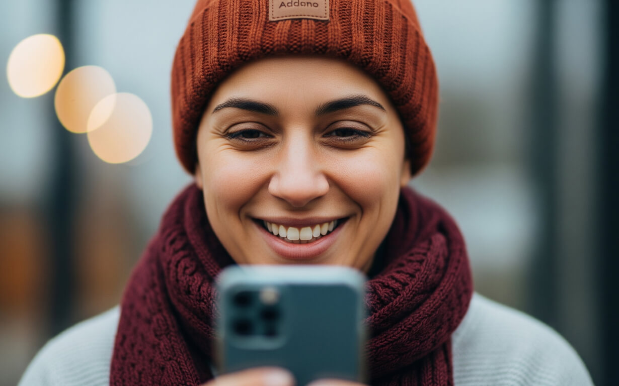 A person wearing a rust-colored knit hat and matching scarf smiles while looking at a smartphone, relieved after seeing their money transfer canceled, with blurred lights and an outdoor background behind them.