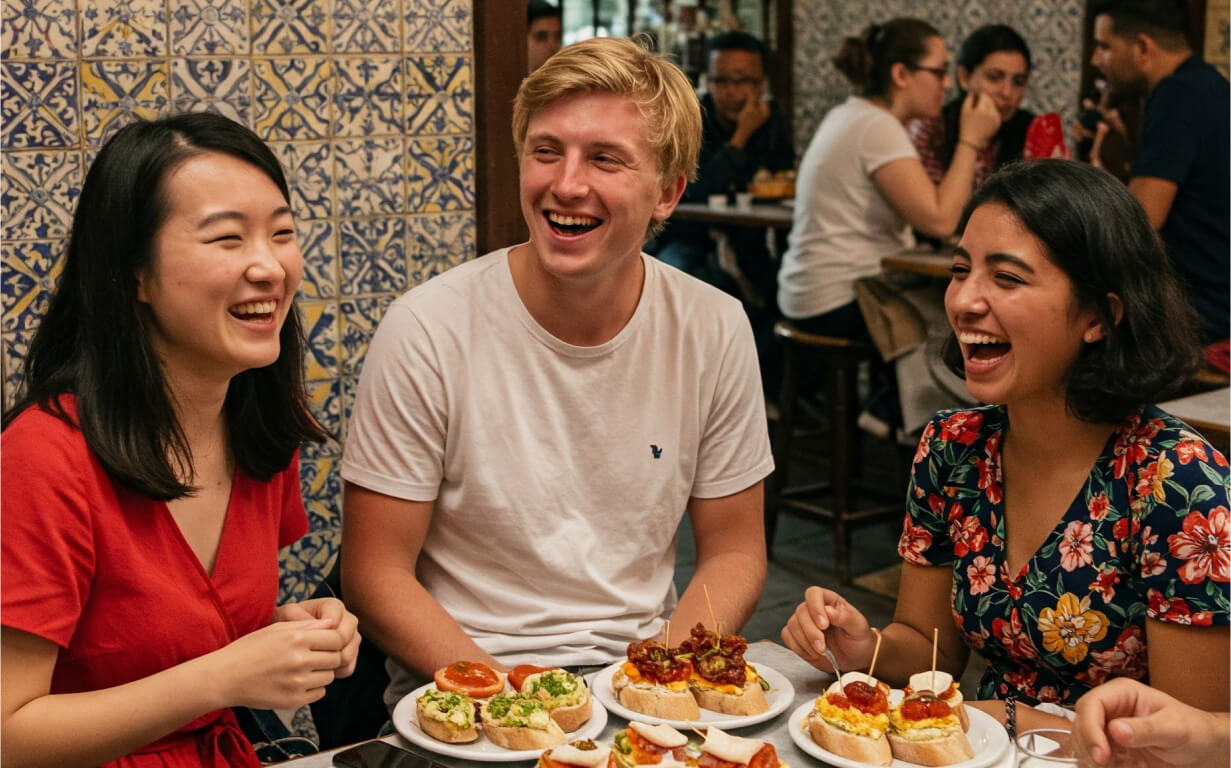 Three young adults sit at a restaurant table, laughing and enjoying plates of tapas while discussing moving to Spain. The background shows more people dining and blue patterned tiles on the wall.