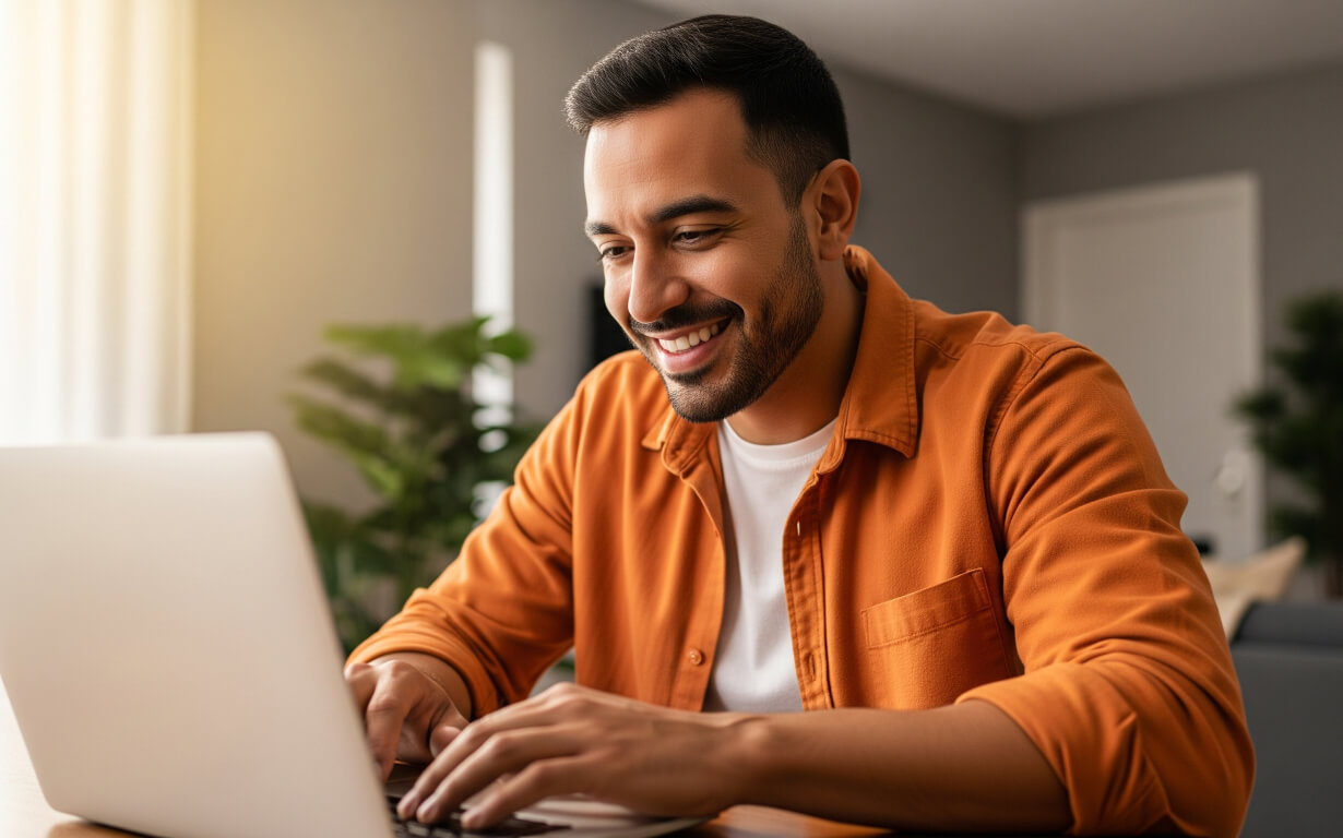 A smiling man with short dark hair and a beard, wearing an orange jacket and white shirt, sits at a desk typing on a laptop, checking Track Ria Transfer in a bright, modern room with plants in the background.
