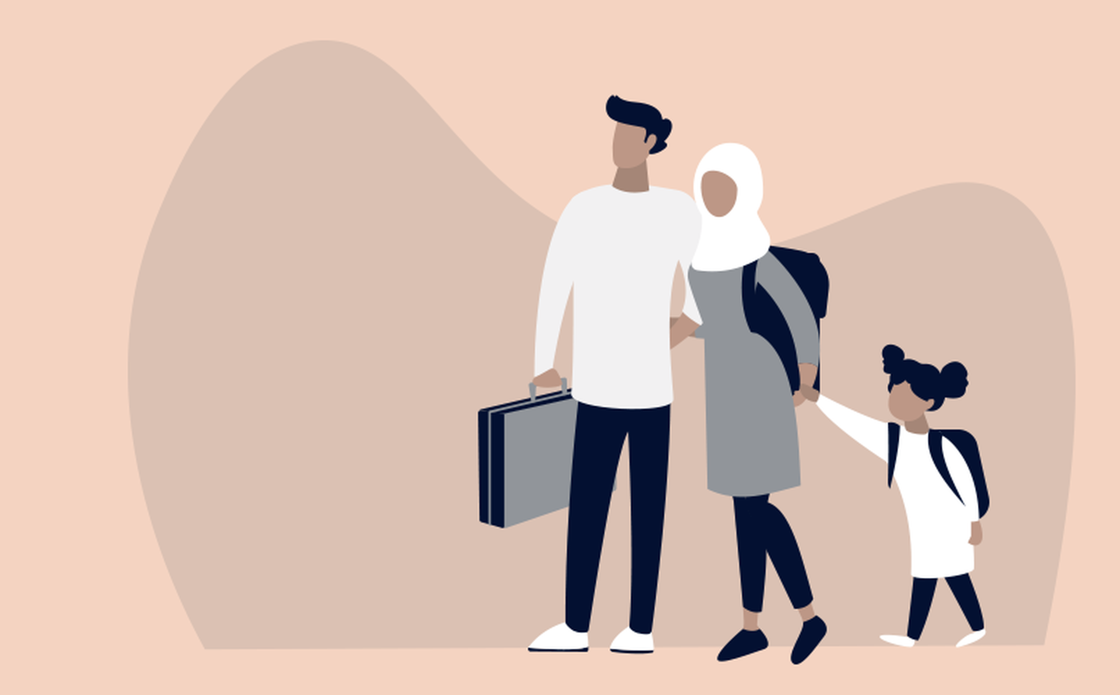 Illustration of a family with three members, including an adult male, an adult female in a hijab, and a child with pigtails. The woman holds the child's hand and the man carries a suitcase. All are dressed casually and have backpacks, suggesting they are traveling.