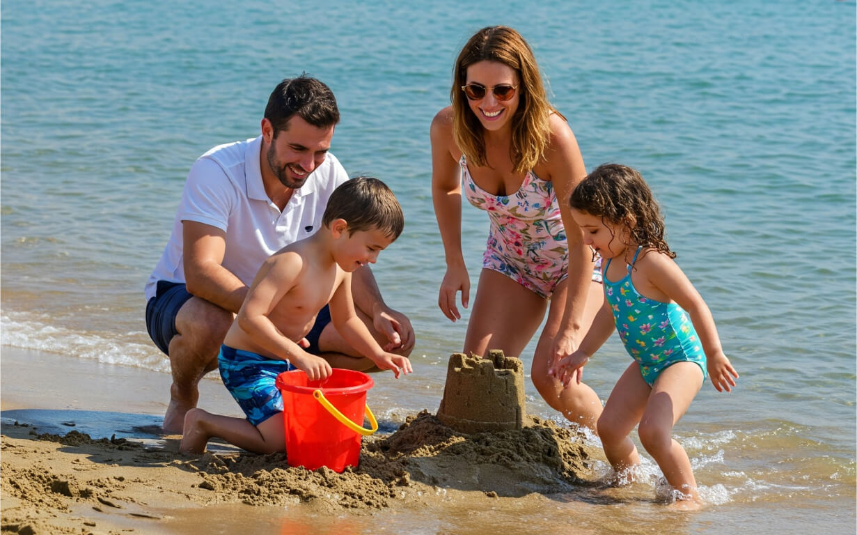 A smiling family of four builds a sandcastle by the water’s edge at the beach, savoring their first summer after moving to Spain. The parents watch as their young son holds a red bucket and their daughter, in a swimsuit, plays in the wet sand.