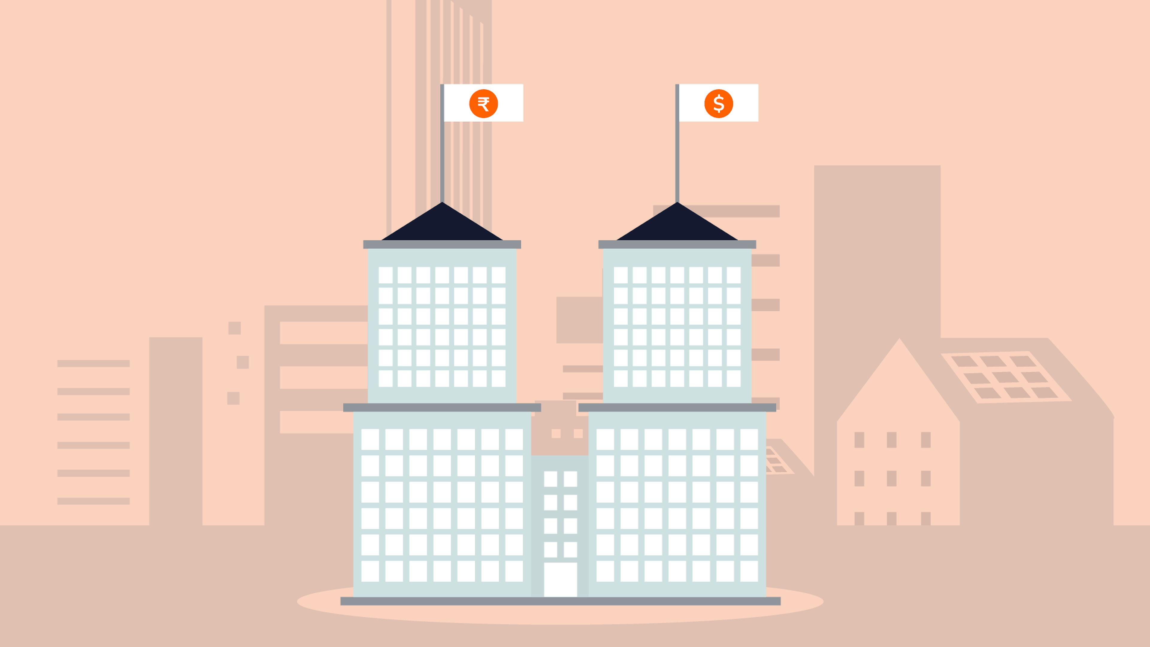 Illustration of two tall, modern buildings with flags on their rooftops. The building on the left has a flag with a Rupee symbol (₹), and the building on the right has a flag with a Dollar symbol ($). Representing central banks, the background features a cityscape with other buildings.