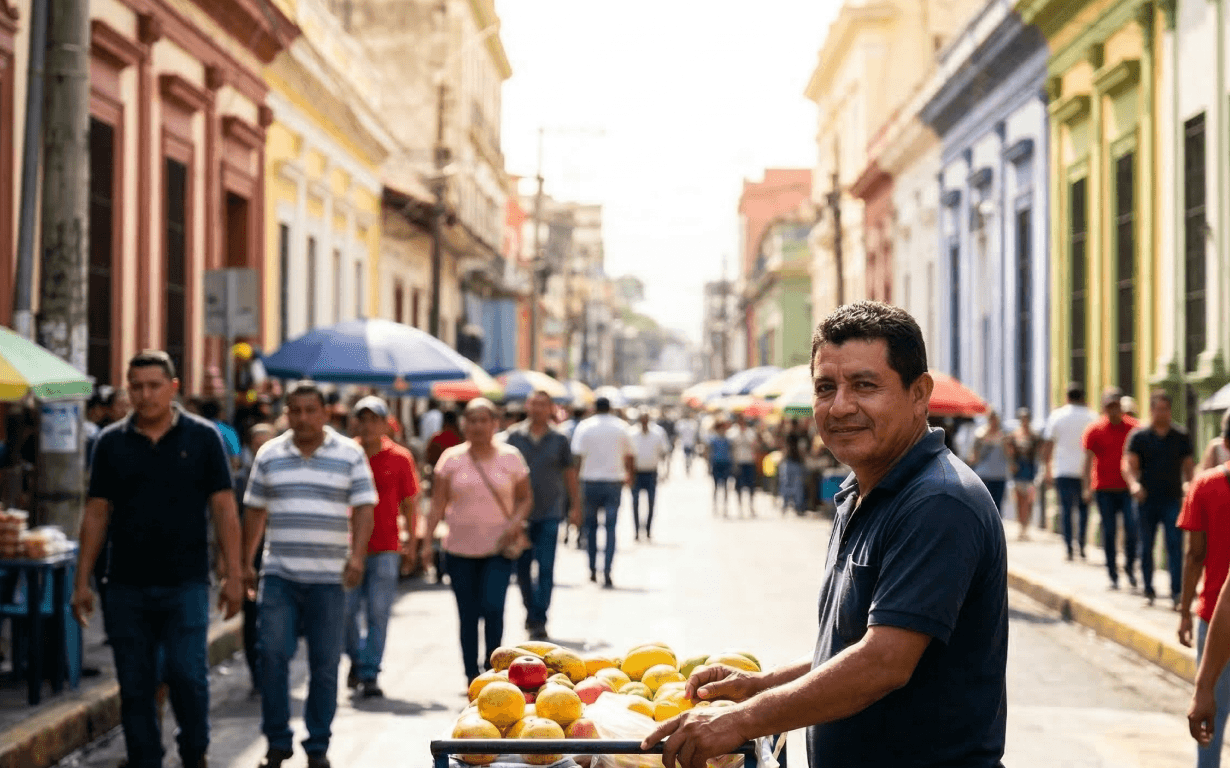 A man with a cart of fruit smiles at the camera on a lively, colorful street in El Salvador, bustling with people shopping under umbrellas. Brightly painted buildings line both sides, capturing the vibrant energy of places where many send money to El Salvador.