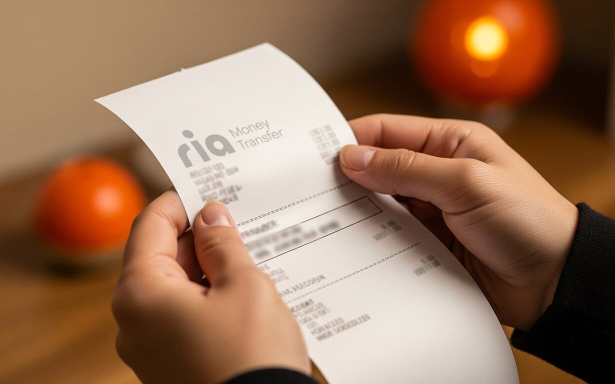 A person holds a Ria Money Transfer receipt with both hands, possibly to track Ria transfer details. The text is partially blurred, while two orange spherical objects rest on a wooden surface in the background.