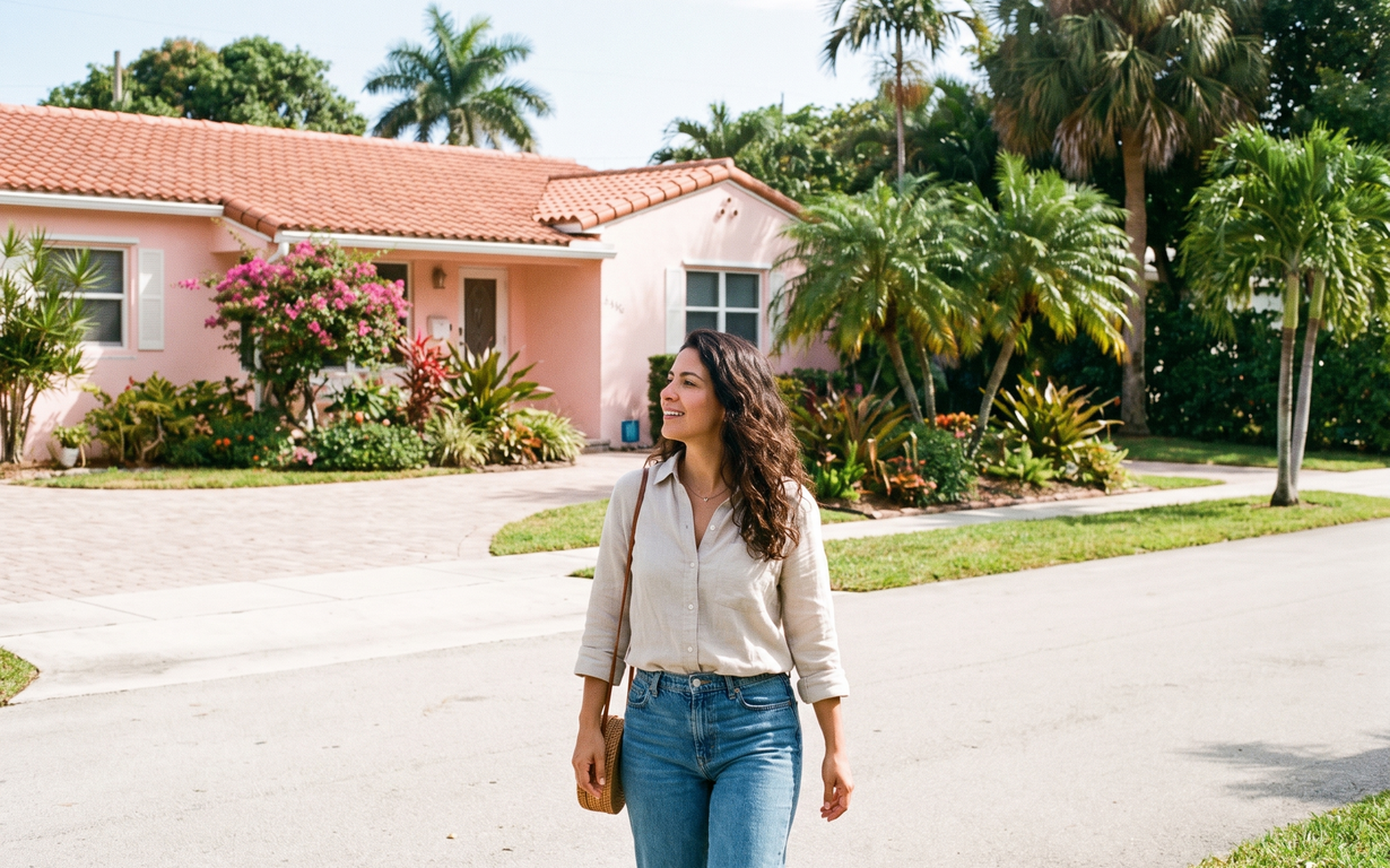 Woman in beige shirt and jeans walking on a Miami street lined with palm trees and a pink house with terracotta roof.