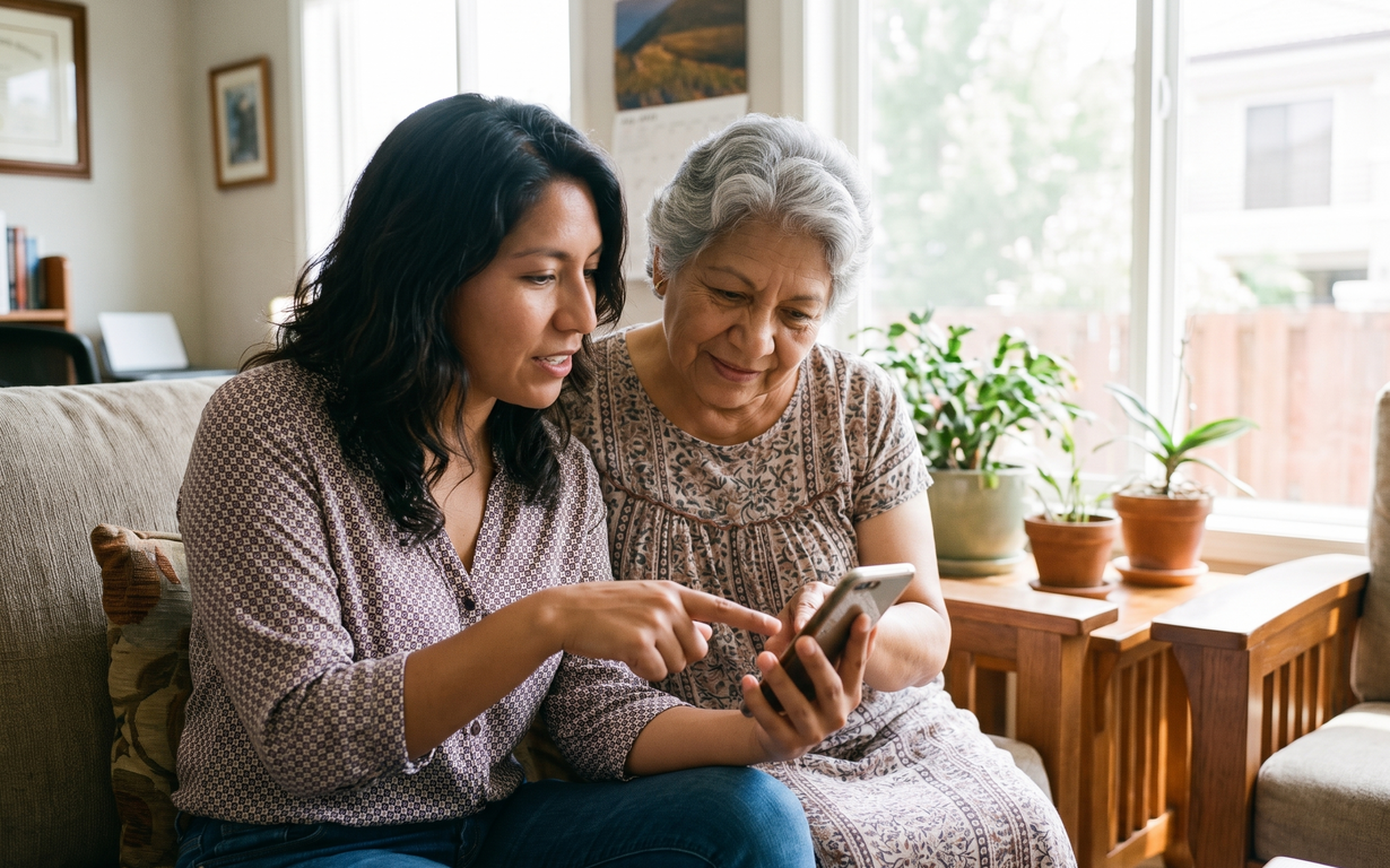 Two women sitting on a couch looking at a smartphone together in a bright living room.