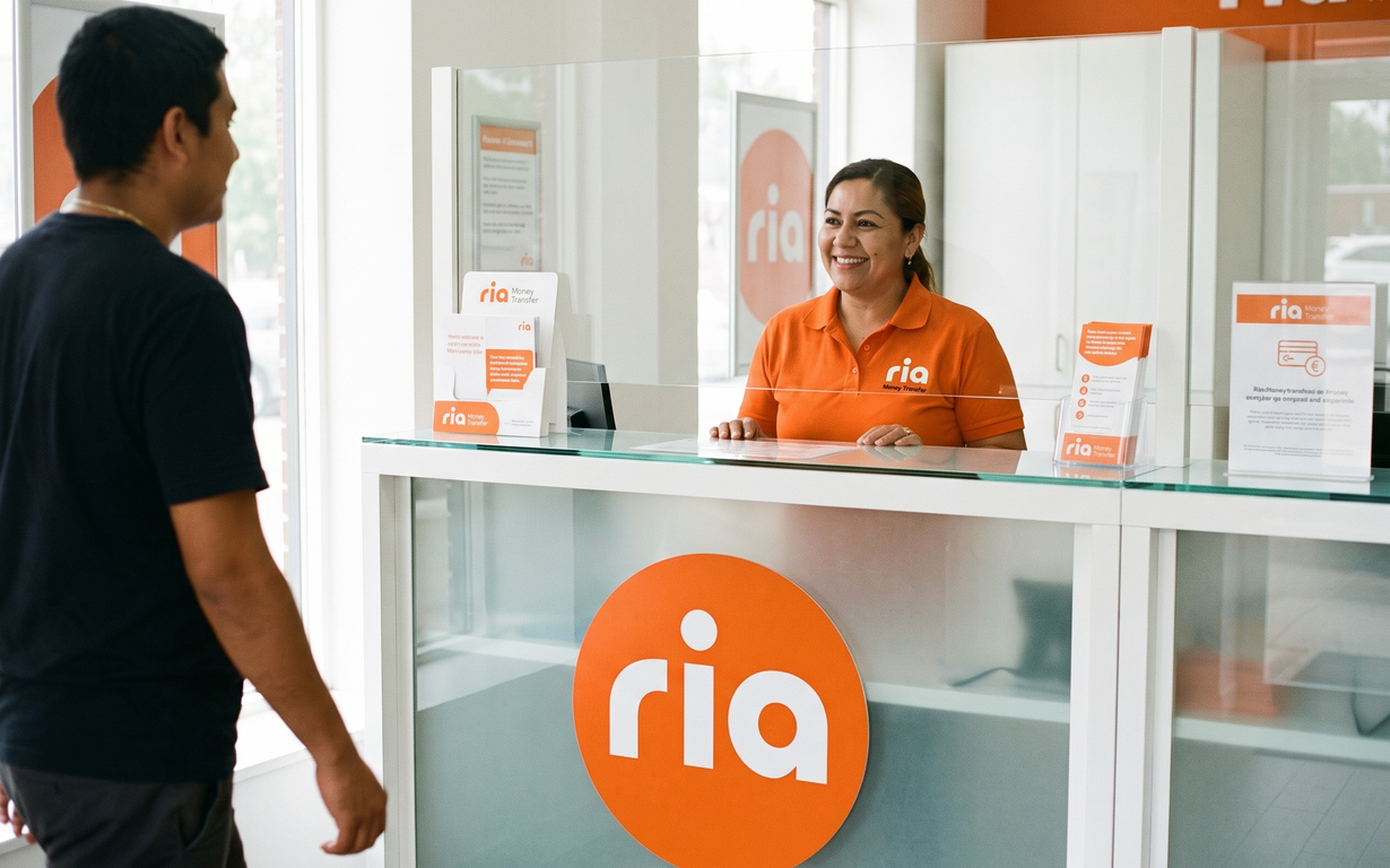 Man approaching a Ria money transfer store counter where a smiling agent in orange Ria uniform stands ready to assist.