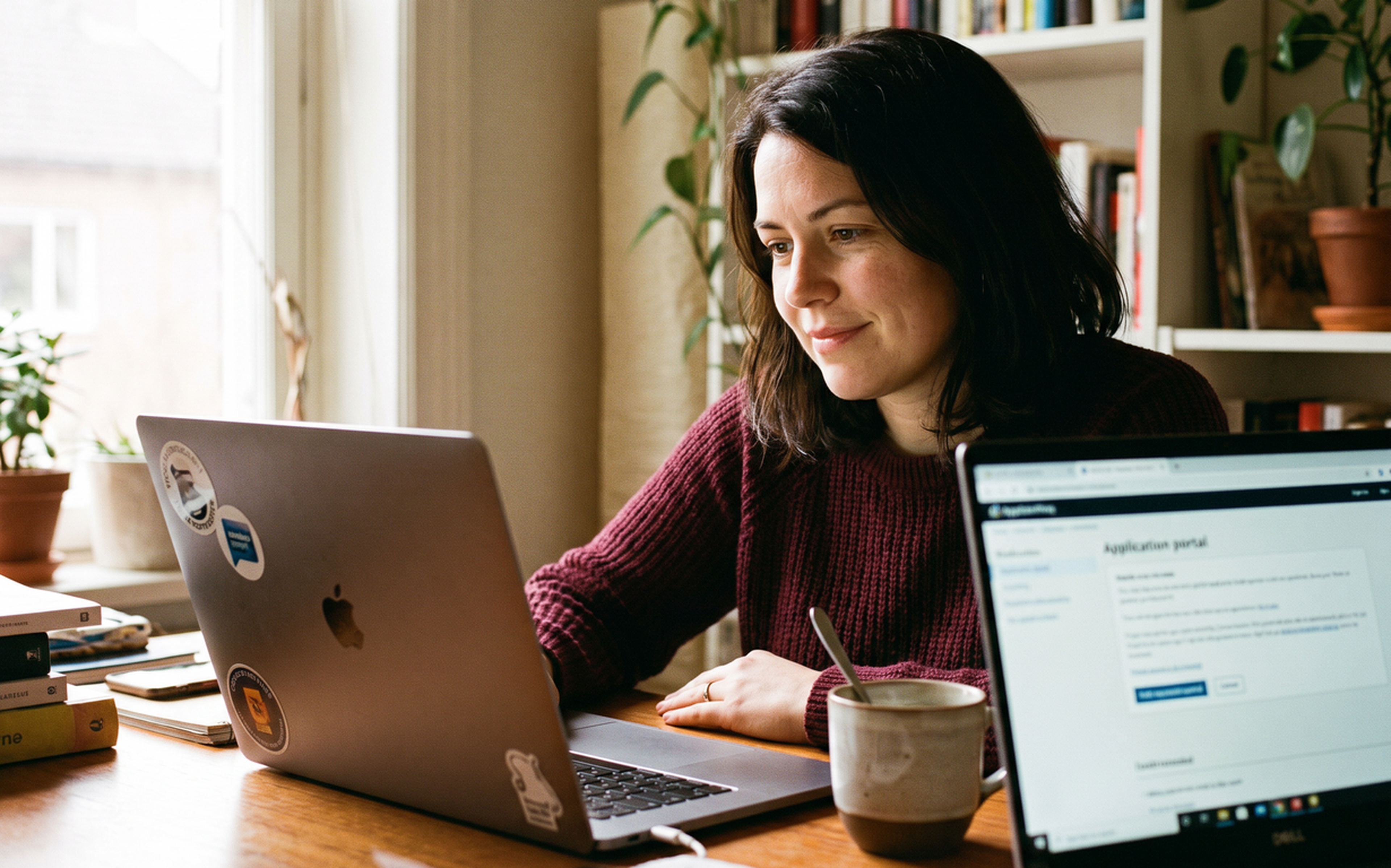 Young woman checking her laptop while drinking coffee