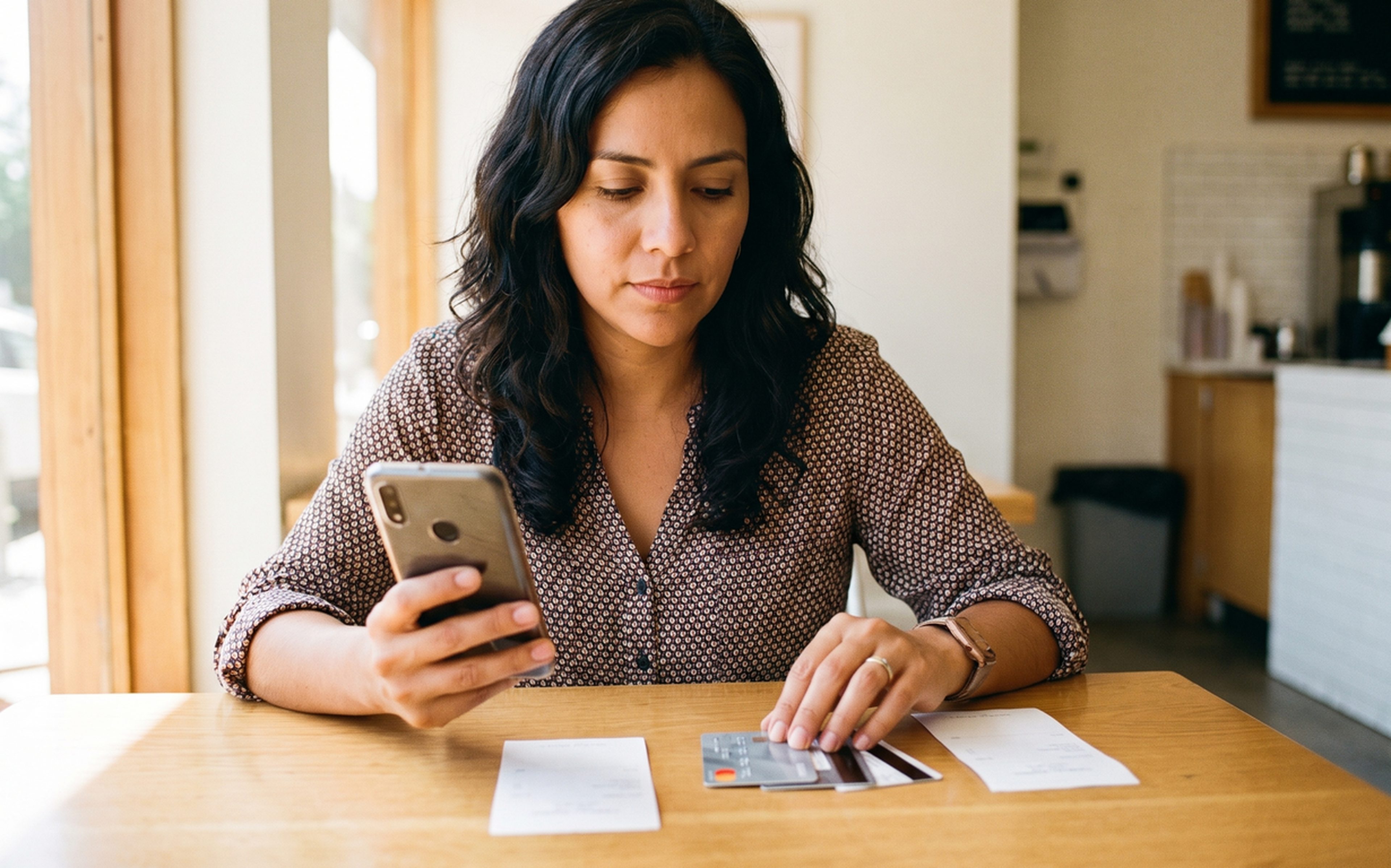 Woman at kitchen table holding smartphone and credit card, reviewing payment options for money transfer.