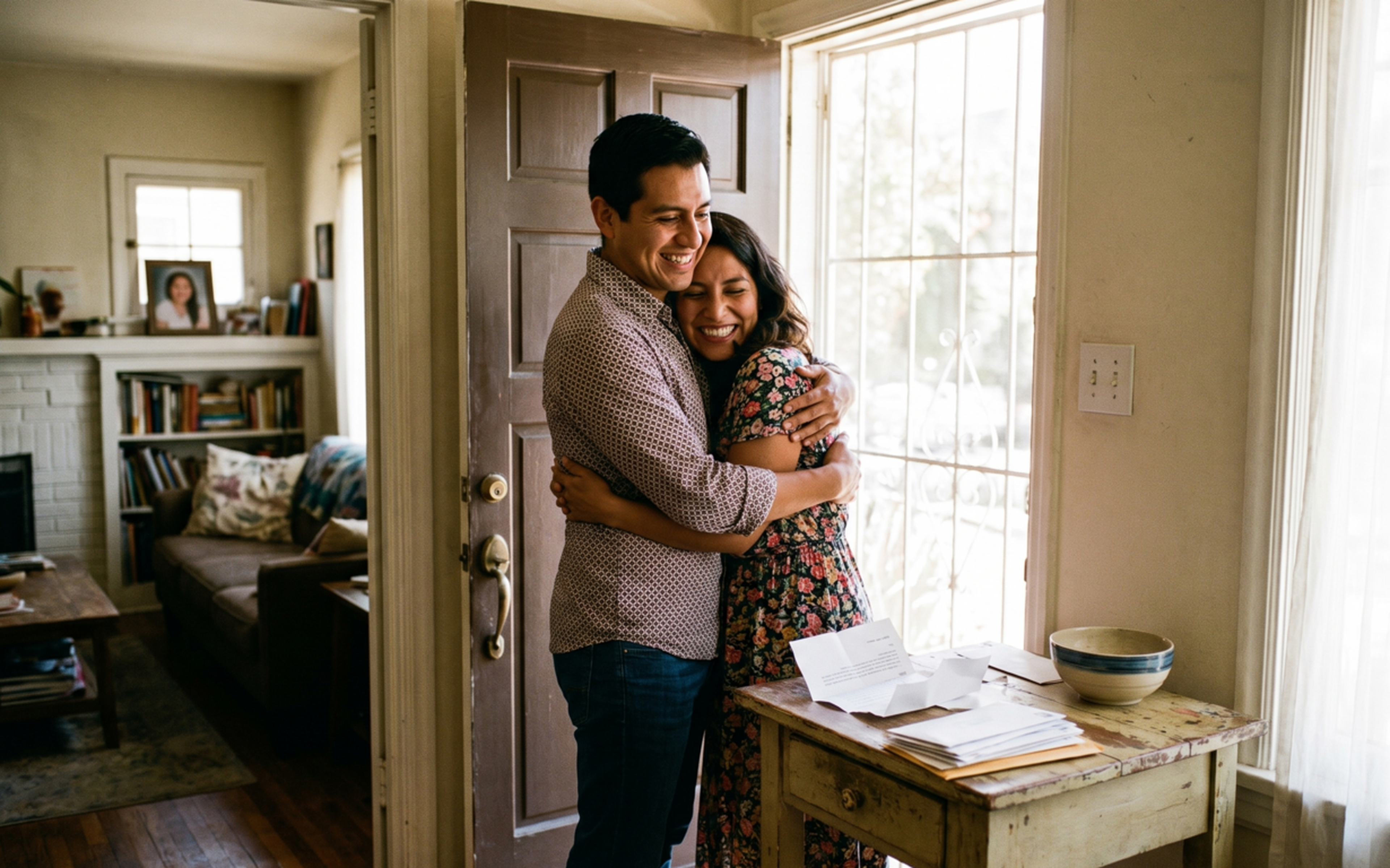 Abrazo de pareja latinoamericana en casa