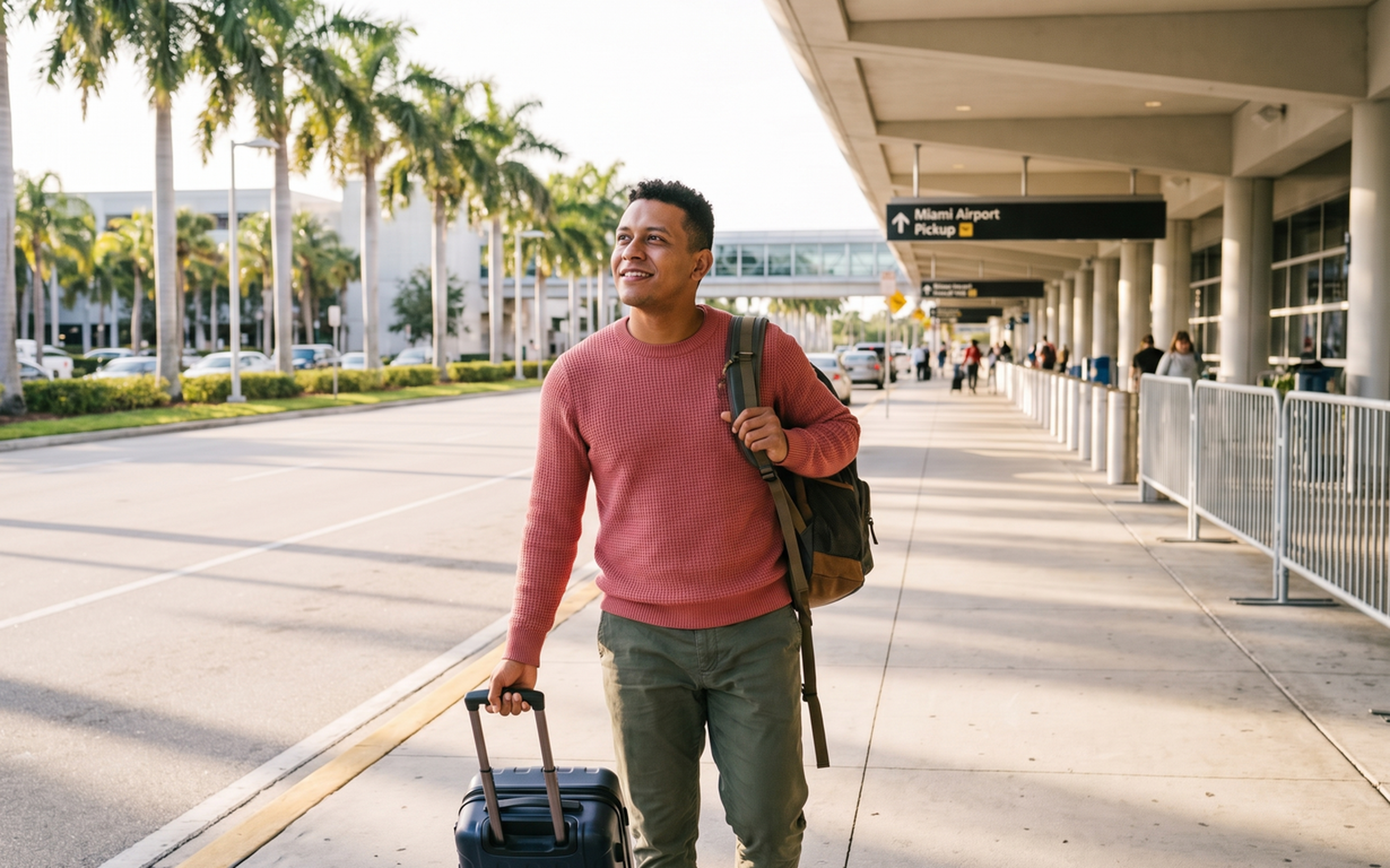 Man in pink sweater with luggage and backpack walking through Miami Airport pickup area under palm trees.