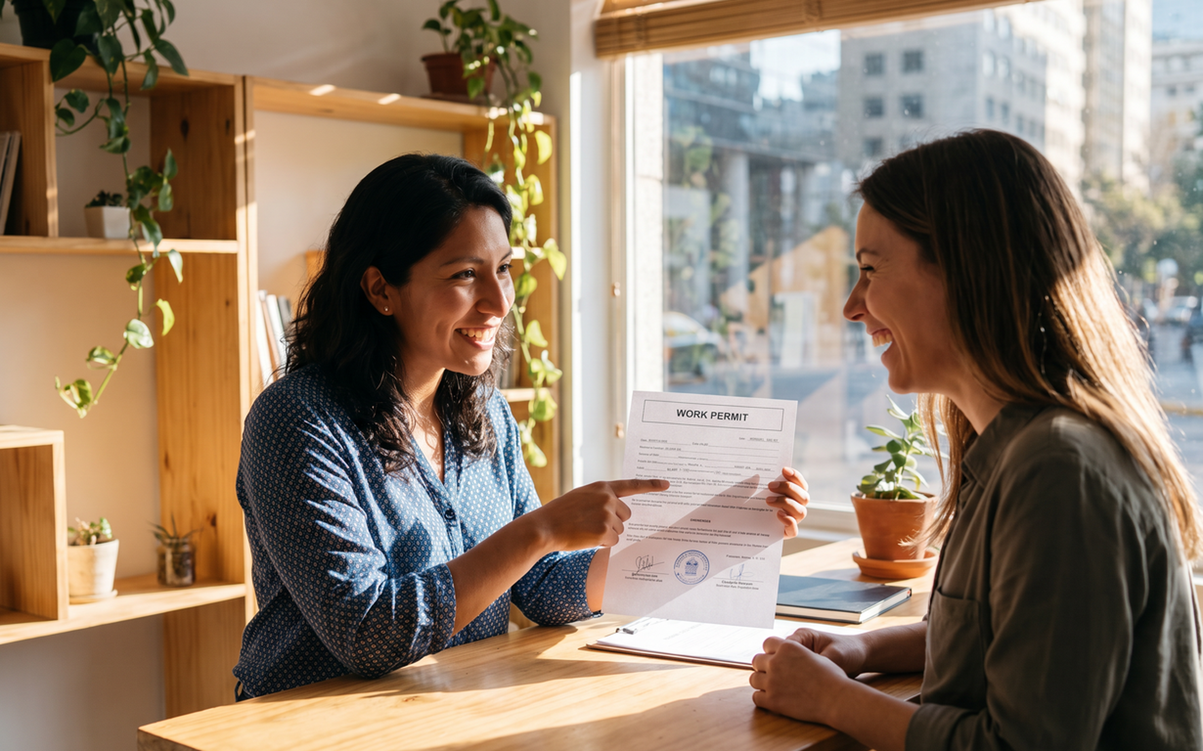 Mujer latina con amiga mostrando su permiso de trabajo work permit